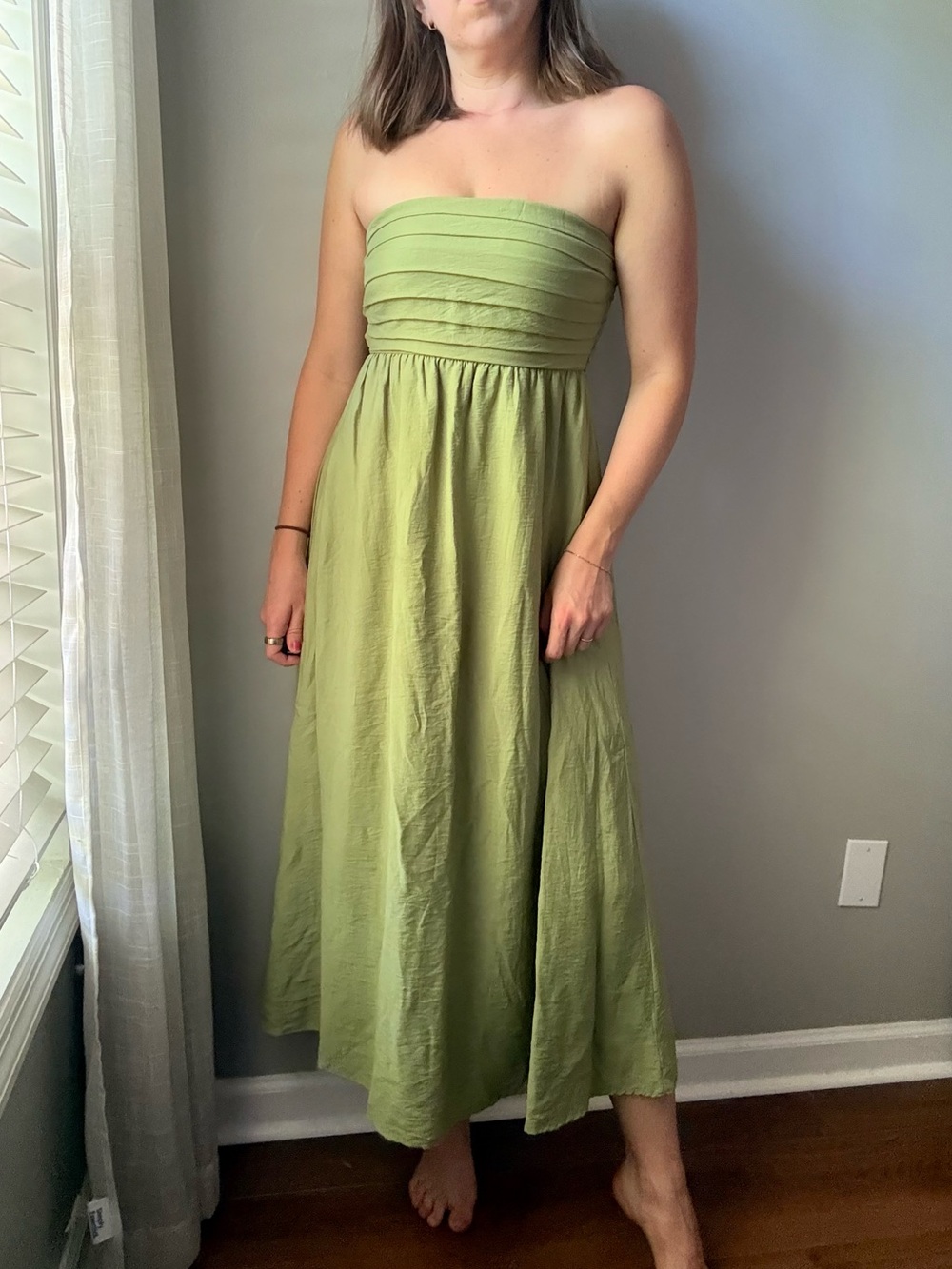 The Workshop Olive Green Smocked Strapless Cottagecore Maxi Dress Size S